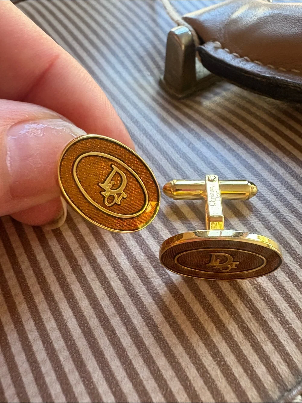 Dior Brown and Gold Oval Logo Cufflinks
